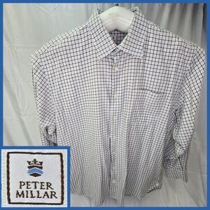 Peter Millar Shirt Mens XL Crown Soft Cotton Button Up White Blue Brown Plaid